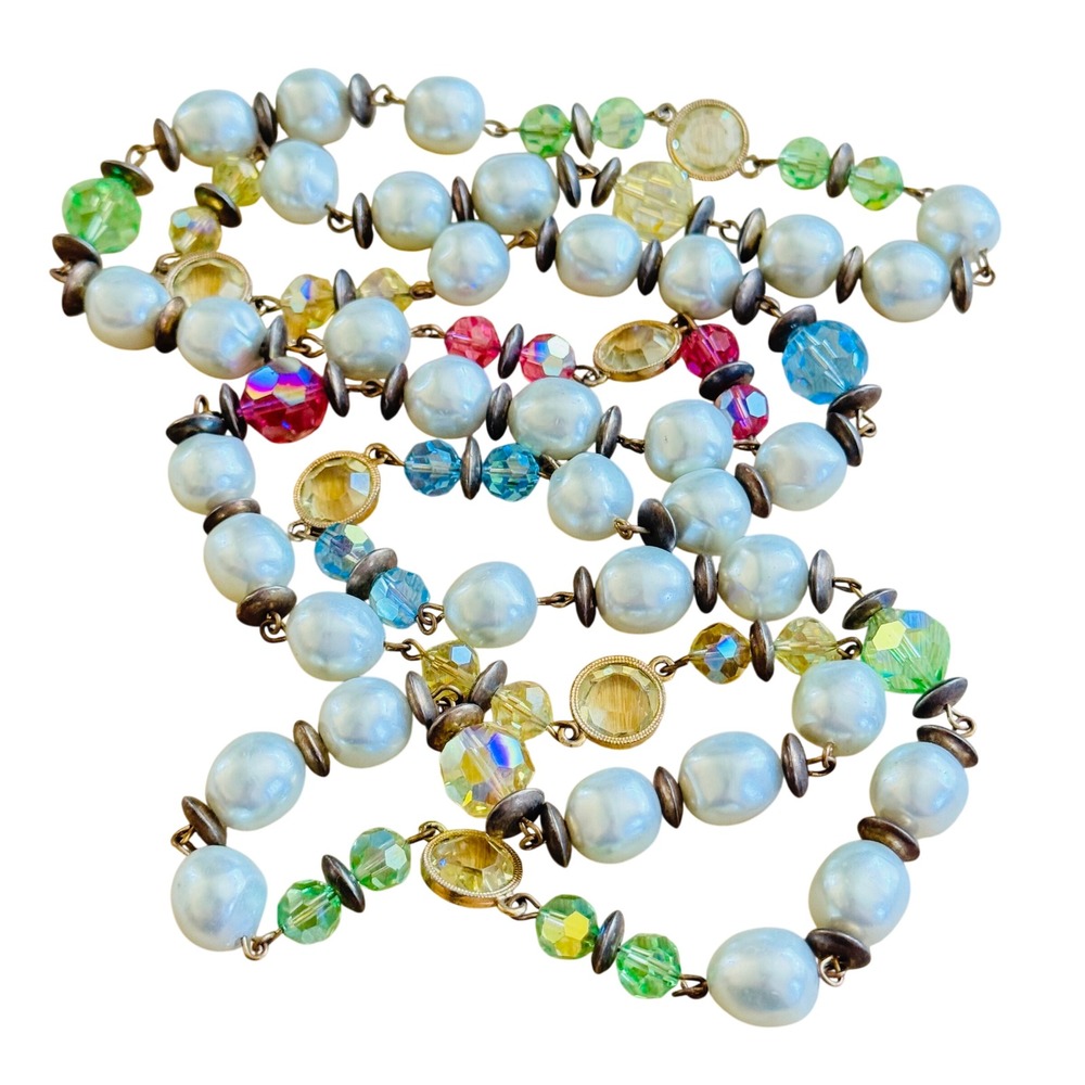 VTG Regal Baroque Pearl Necklace Crystal Colorful Partel Long Gold Opera Flapper